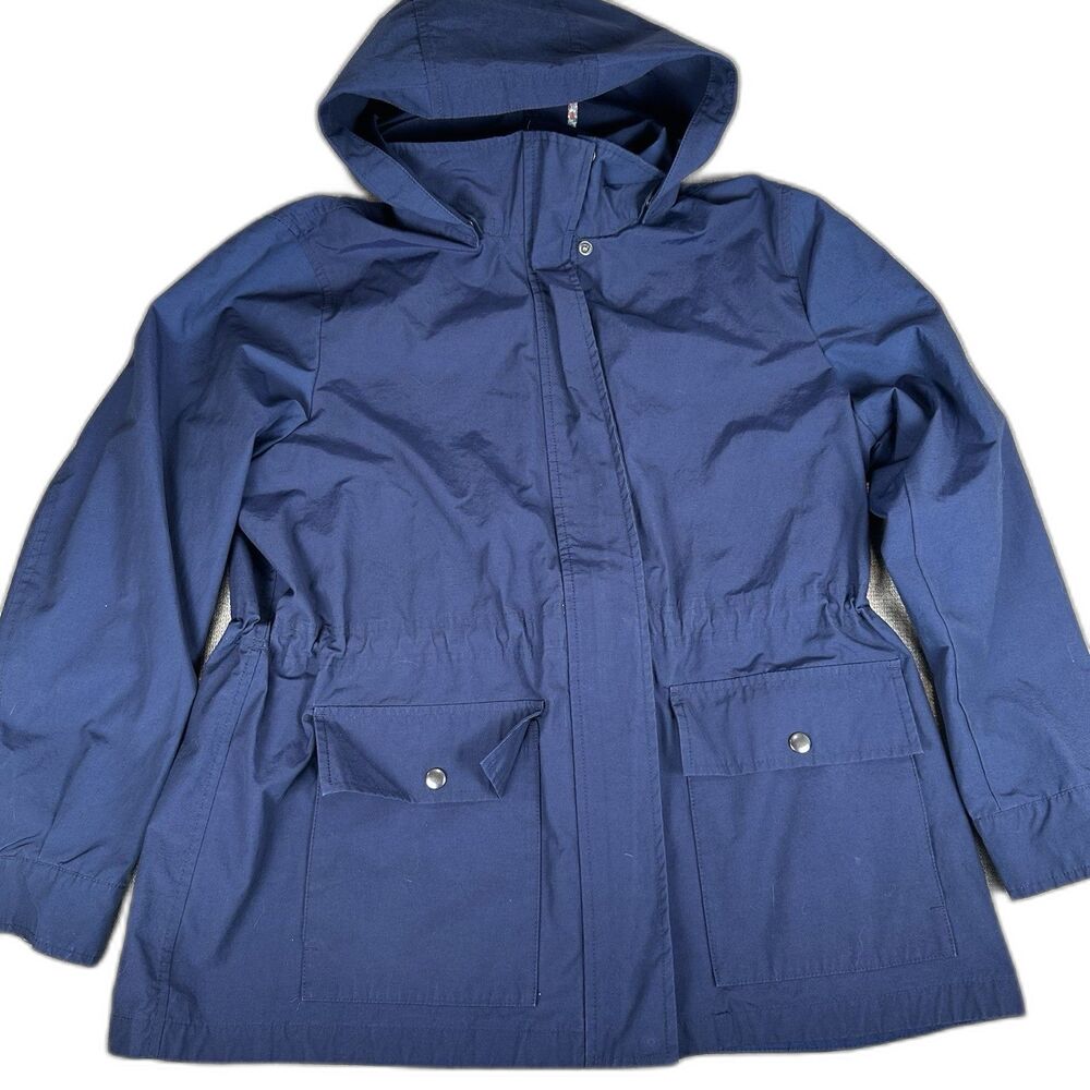 Lands End Womens Hooded Anorak 18W Navy Lightweight Floral Trim Jacket Coat Plus